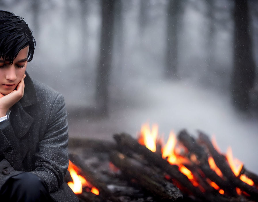 Person sitting by campfire in snowy forest with mist and snowflakes