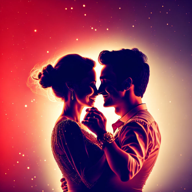 Romantic couple dancing closely in stylized illustration