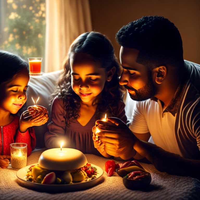 Family of Four Enjoying Cozy Candlelit Moment