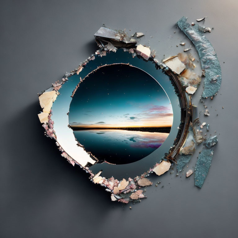 Shattered circular mirror reflecting twilight landscape