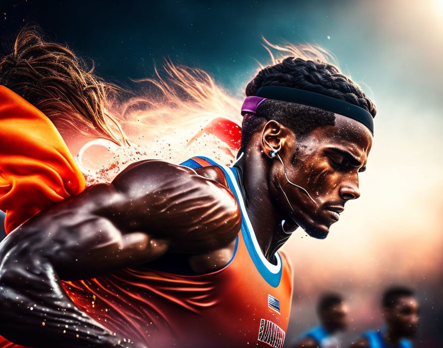 Male athlete sprinting with headband in vibrant athletic wear