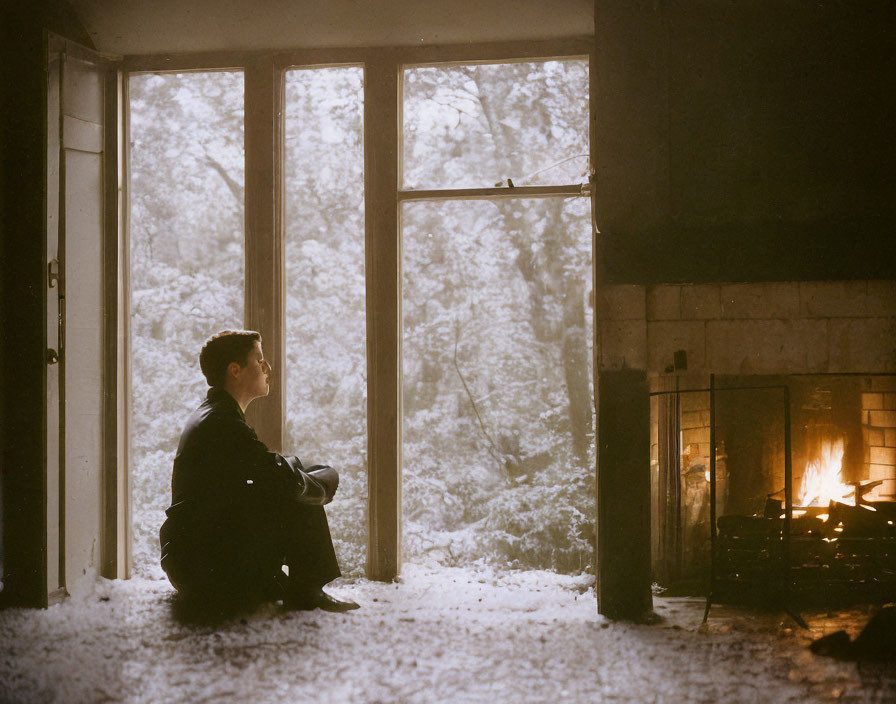 Person sitting indoors looking at snowy scene through window by fireplace