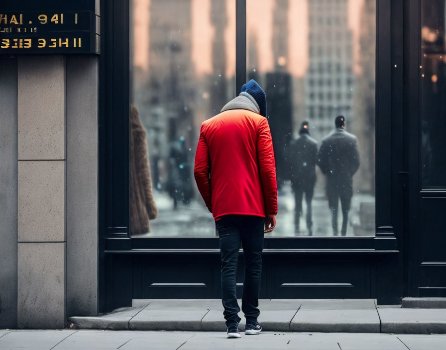 Person in Red Jacket and Beanie Observing Reflection of Pedestrians Outdoors