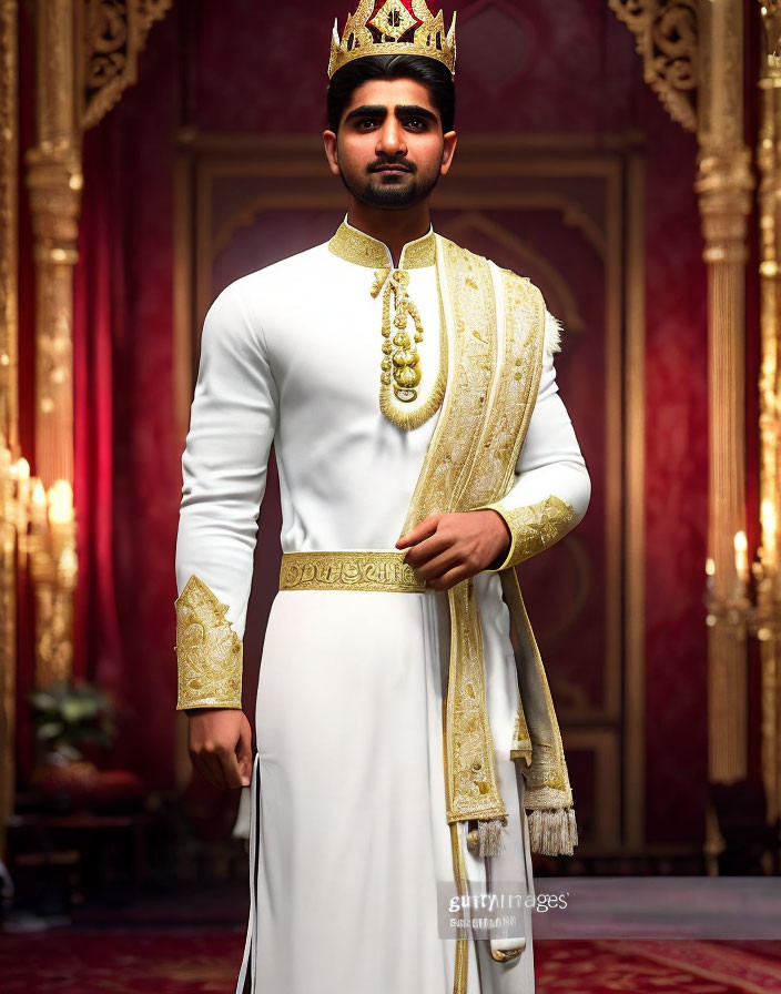 Regal man in crown and sherwani in luxurious room with red drapery