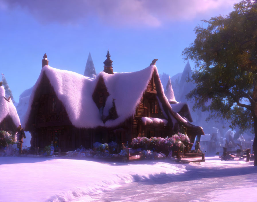 Snowy Thatched-Roof Cottages in Mountainous Landscape