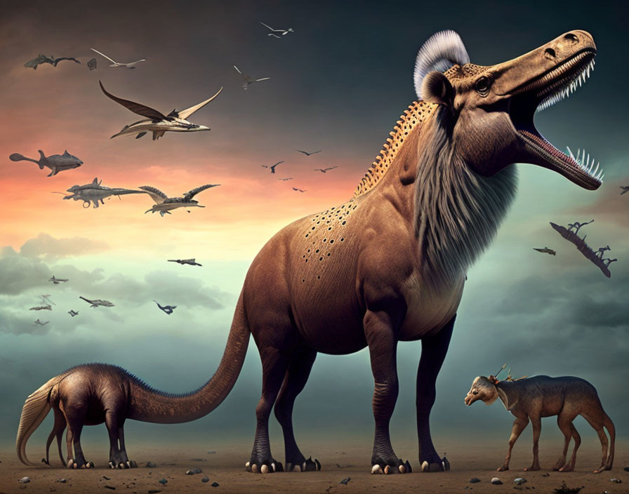 Realistic digital artwork of dinosaurs in dramatic sky