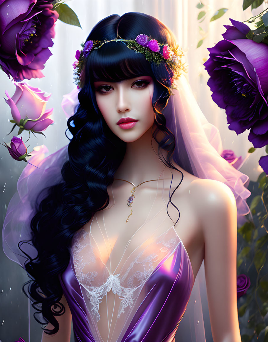 Digital artwork of woman with long black hair in purple dress and floral headpiece among large purple flowers