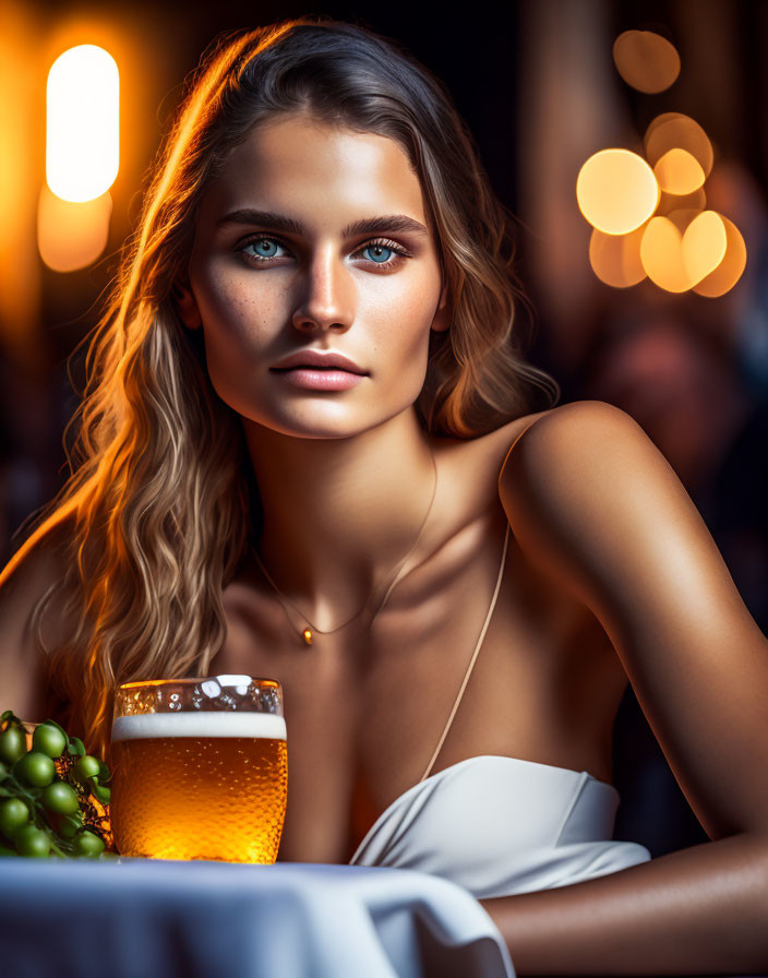 Woman with Blue Eyes and Blonde Hair Holding Beer Glass in Golden Bokeh Setting