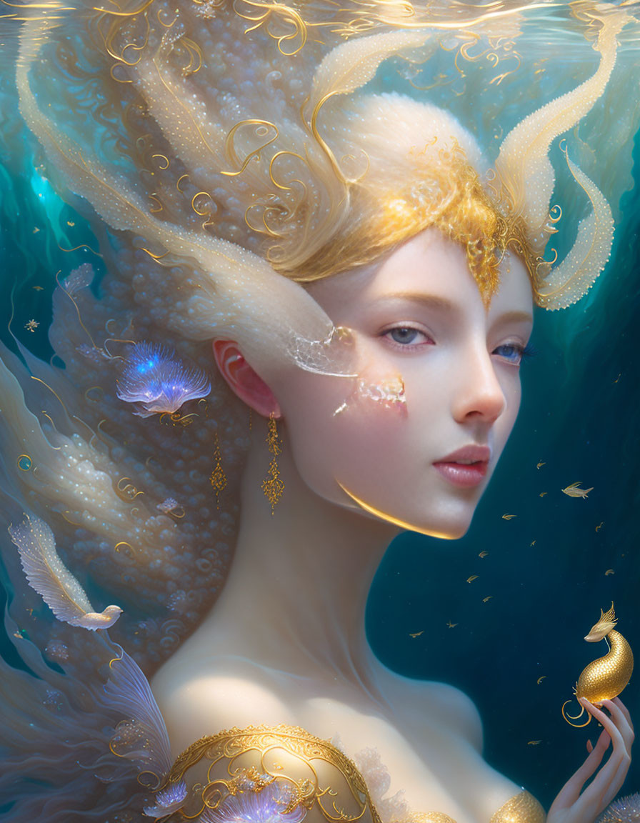 Fantastical portrait of woman with gold-embellished white hair and gills among ethereal