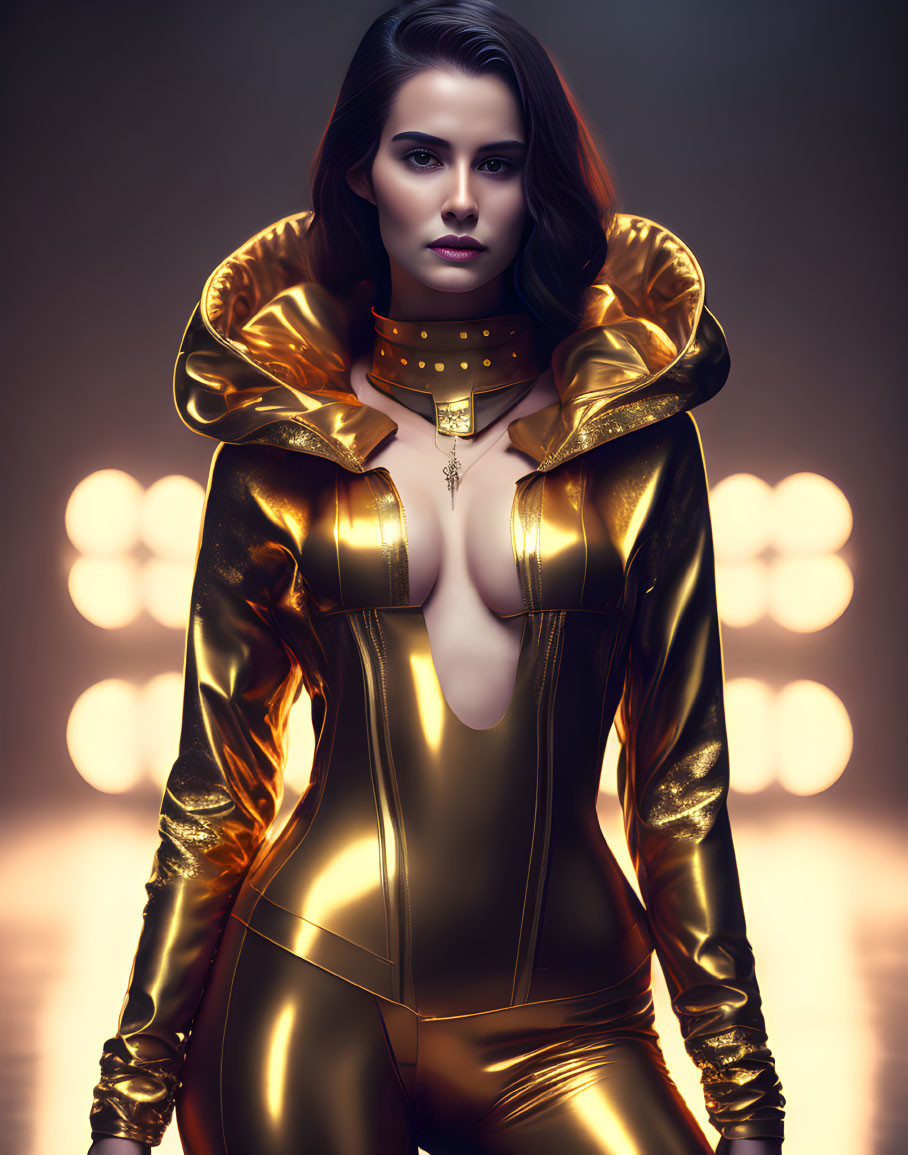 Futuristic gold bodysuit with large collar and gloves on woman