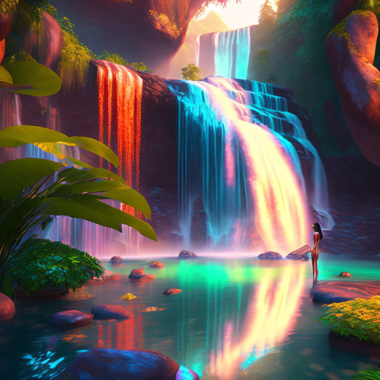 Colorful Lighted Waterfall Surrounded by Greenery and Pond