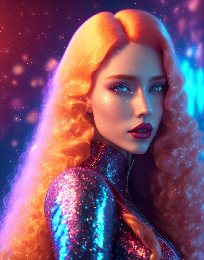 Digital rendering of woman with blue eyes and golden hair in cosmic setting