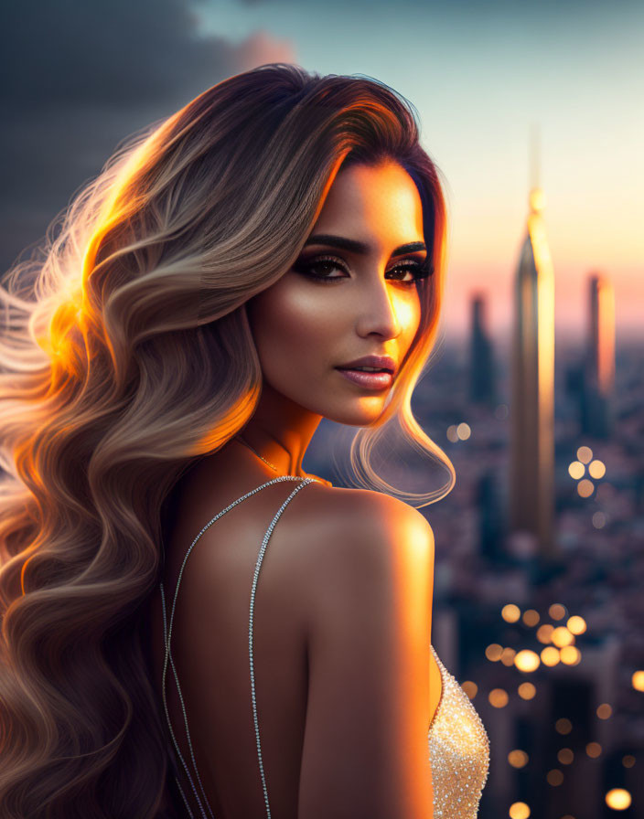 Blonde woman with glam makeup looking over shoulder at city skyline sunset