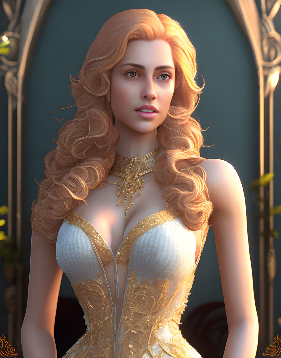 Blonde woman in golden corset with choker necklace