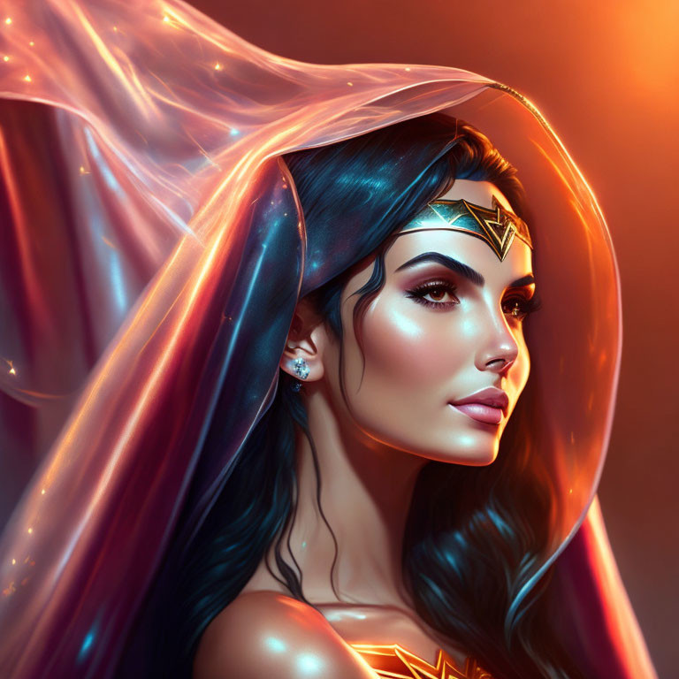 Digital Artwork: Woman with Superhero Vibe, Tiara, Flowing Hair, Glowing