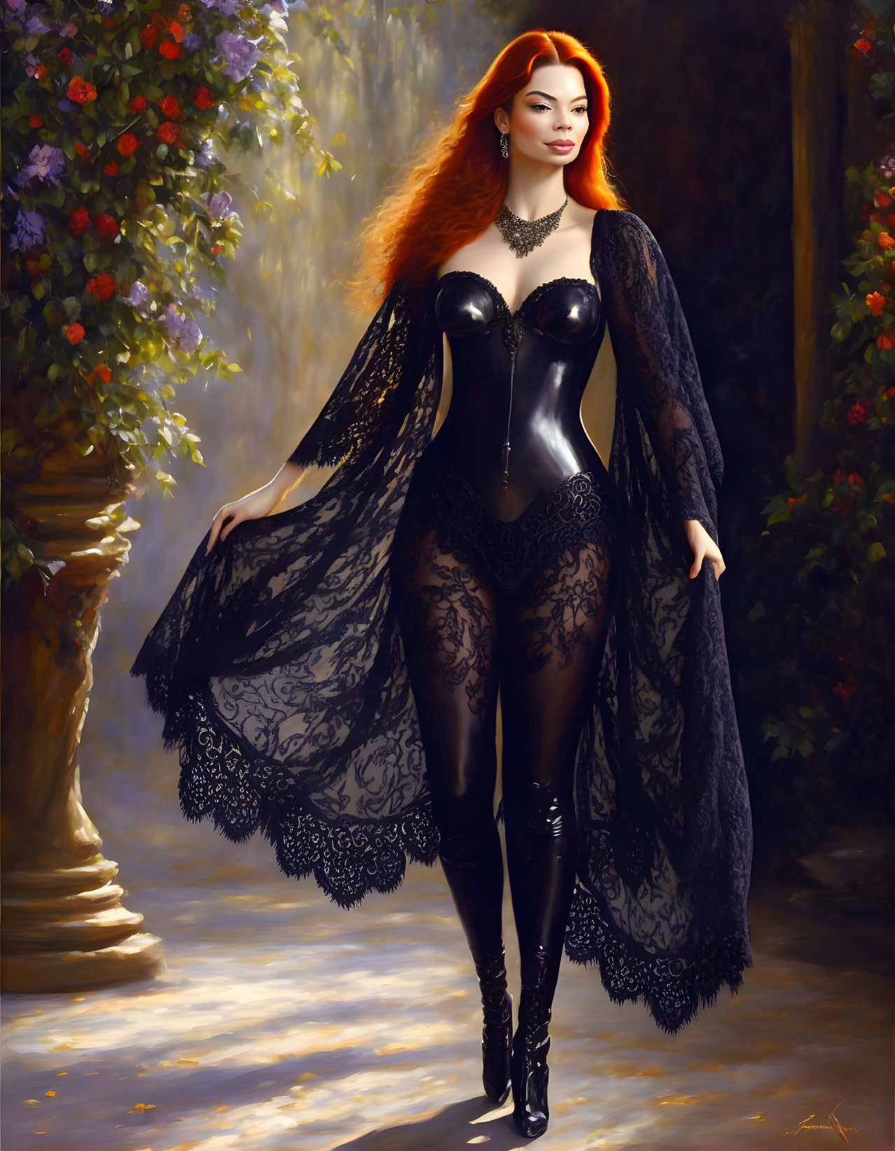 Long red-haired woman in lace corset and boots stands in garden with flowers