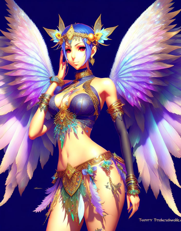 Fantasy character with iridescent wings and golden-blue attire on violet backdrop