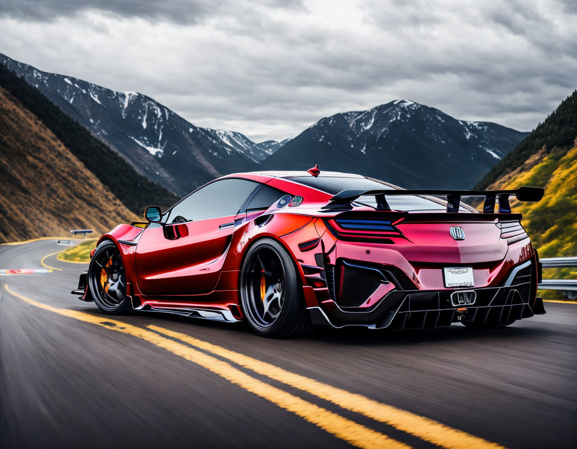 Red sports car with black detailing driving on mountain road with green slopes