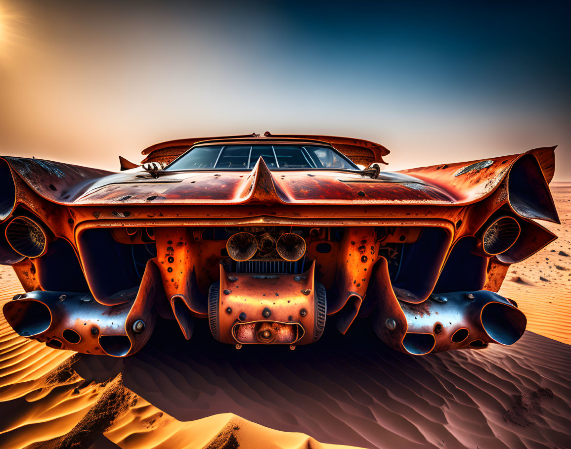 Abandoned vintage car in desert with dramatic sky