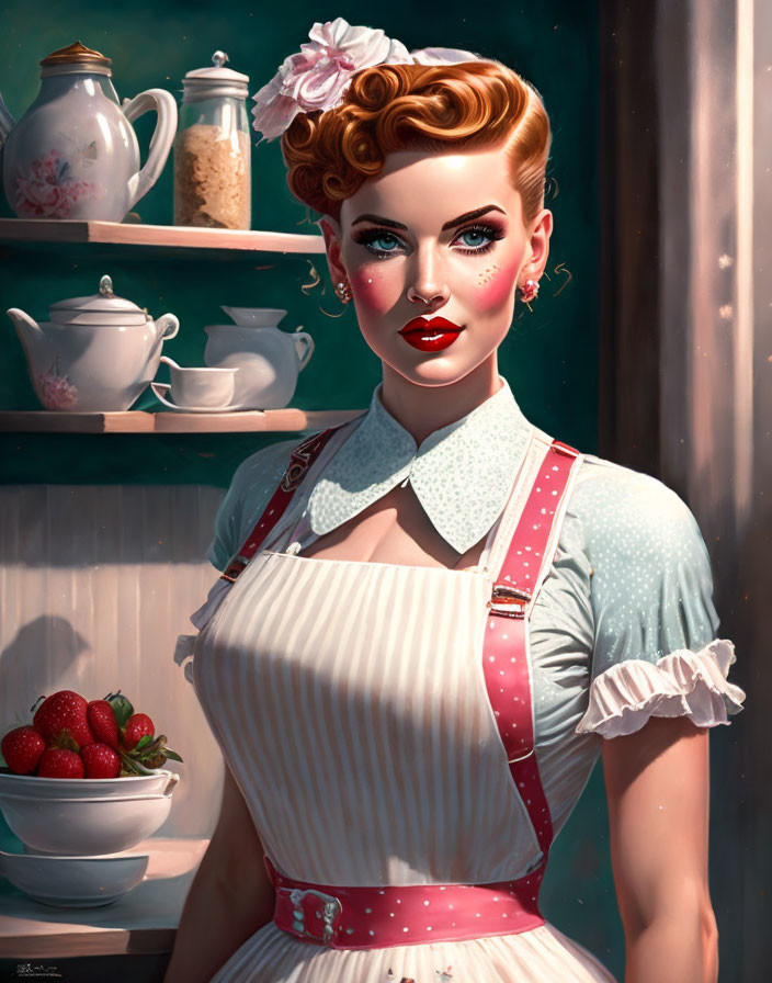 Vintage-style illustration of woman with flower, polka-dot apron, strawberries, and teaware shelf