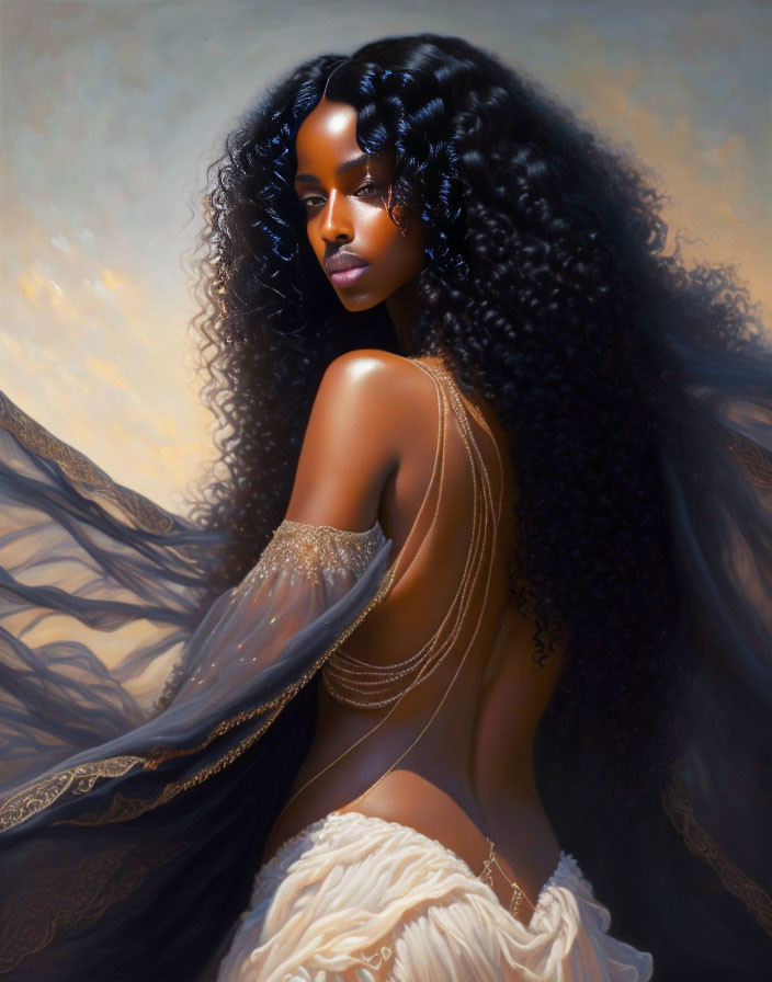 Woman with Curly Hair and Golden Embellishments in Soft Light