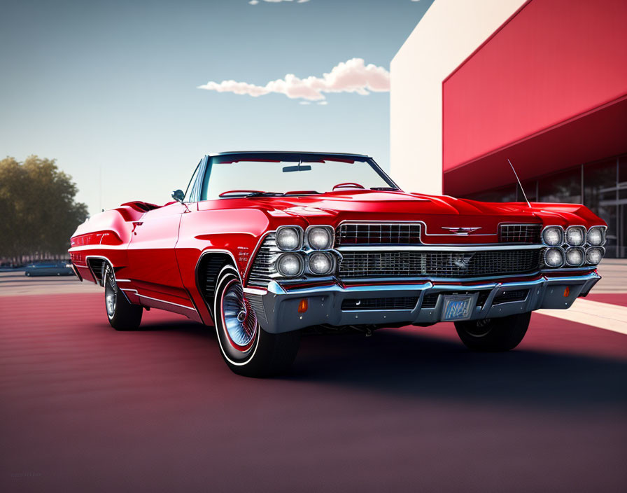 Red Vintage Convertible with Chrome Detailing and White-Walled Tires Outdoors