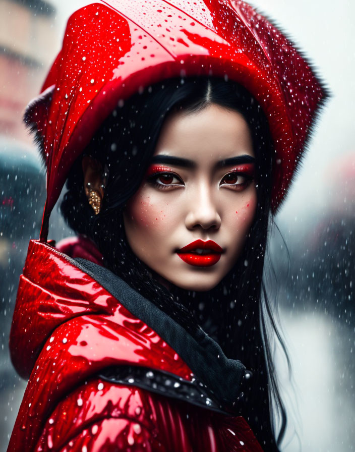 Woman in Red Hooded Outfit with Intense Gaze and Bold Makeup