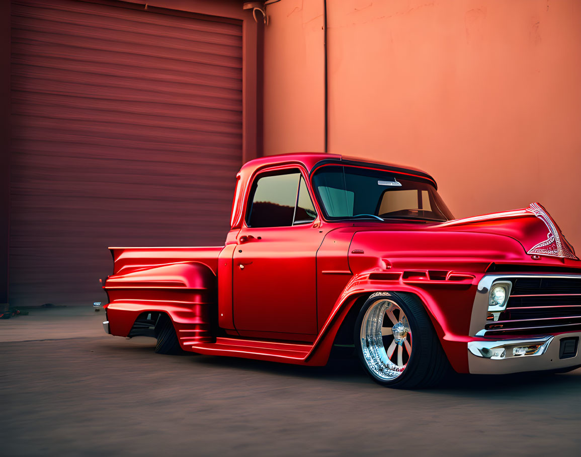 Custom Low Suspension Red Pickup Truck with Chrome Wheels Parked in Front of Red Garage Door