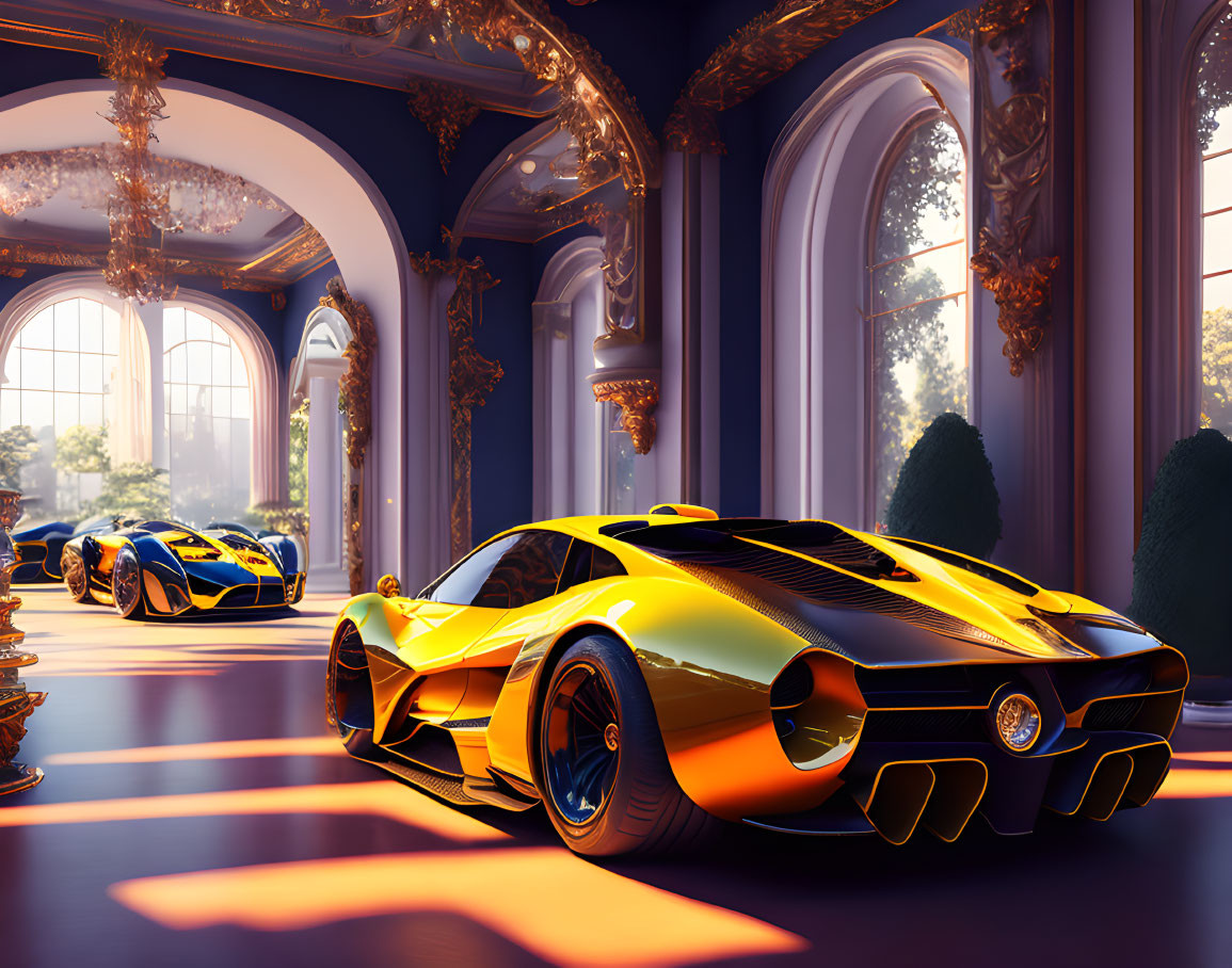 Futuristic sports cars in grand ornate hall with large windows