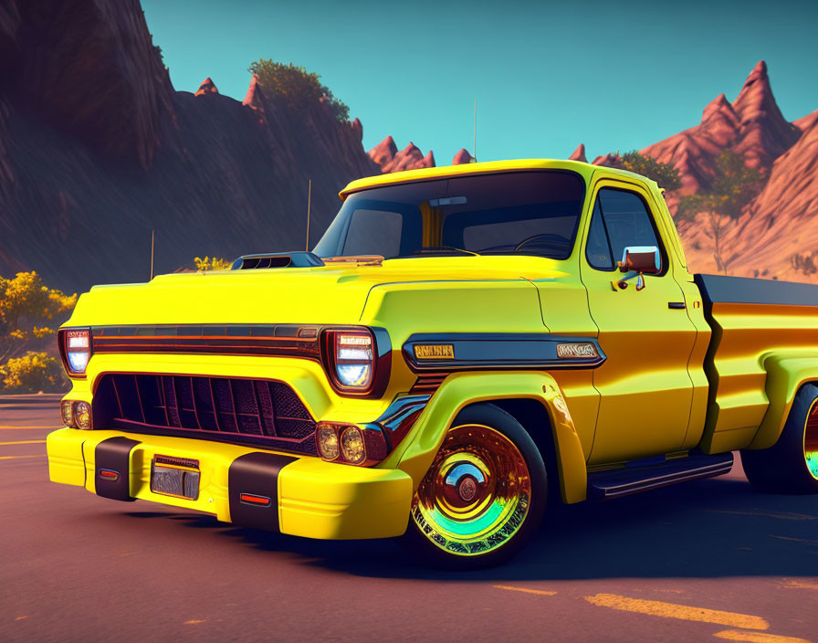 Yellow Classic Pickup Truck with Chrome Details and Custom Rims Against Red Rock Formations