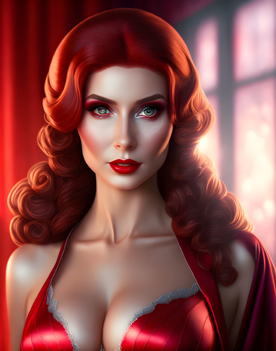 Red-haired woman in lingerie and robe against moody window backdrop