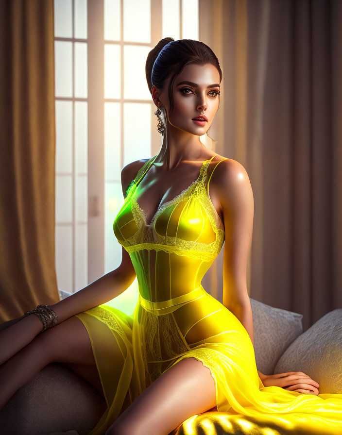 Styled updo person in yellow dress by sunny window