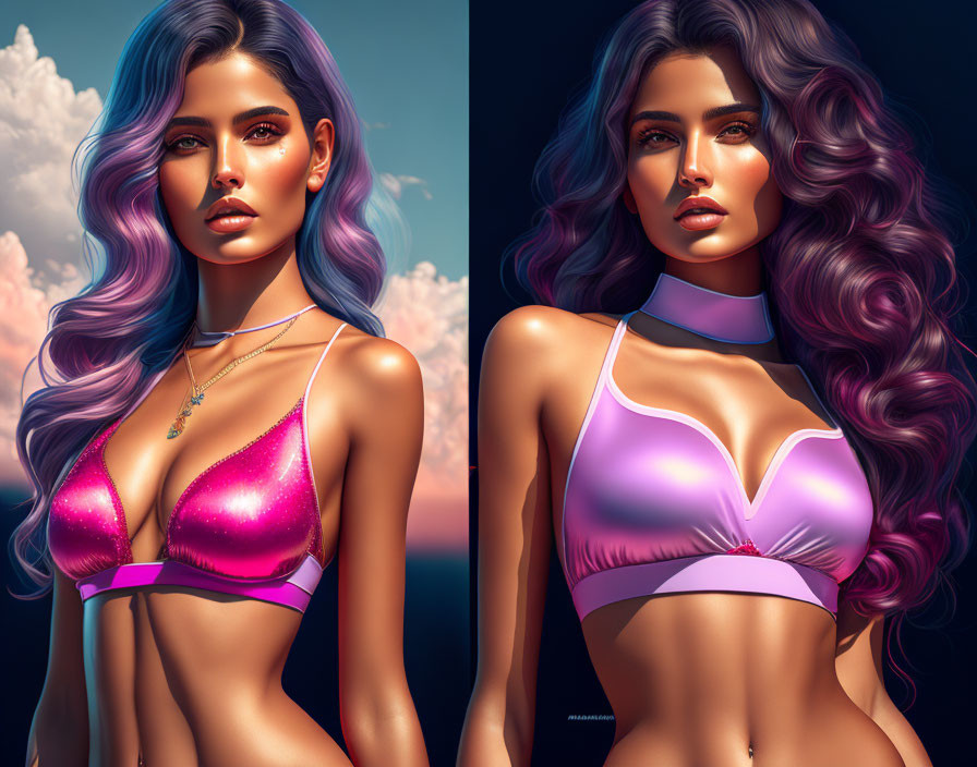 Stylized digital art portraits of woman with purple hair in pink and purple outfits against cloud-filled sky