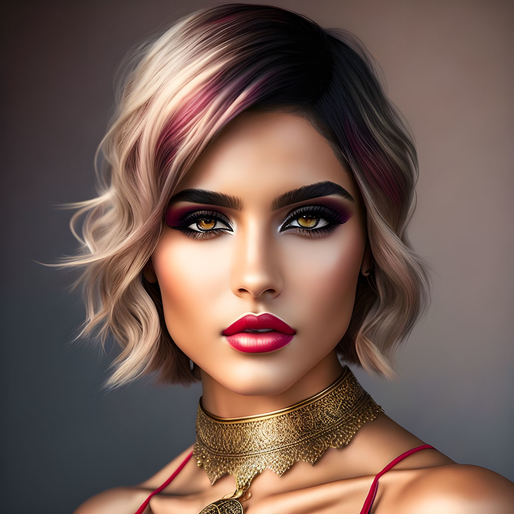 Stylized portrait of woman with short, wavy hair and dramatic makeup