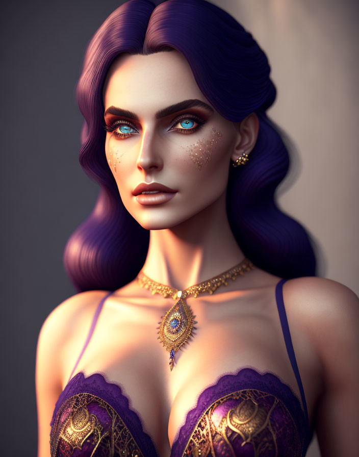 Vibrant 3D illustration of woman with blue eyes, purple hair, golden freckles