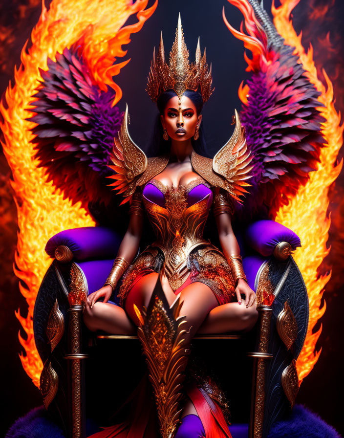 Regal figure with fiery wings and elaborate headdress on throne surrounded by flames.