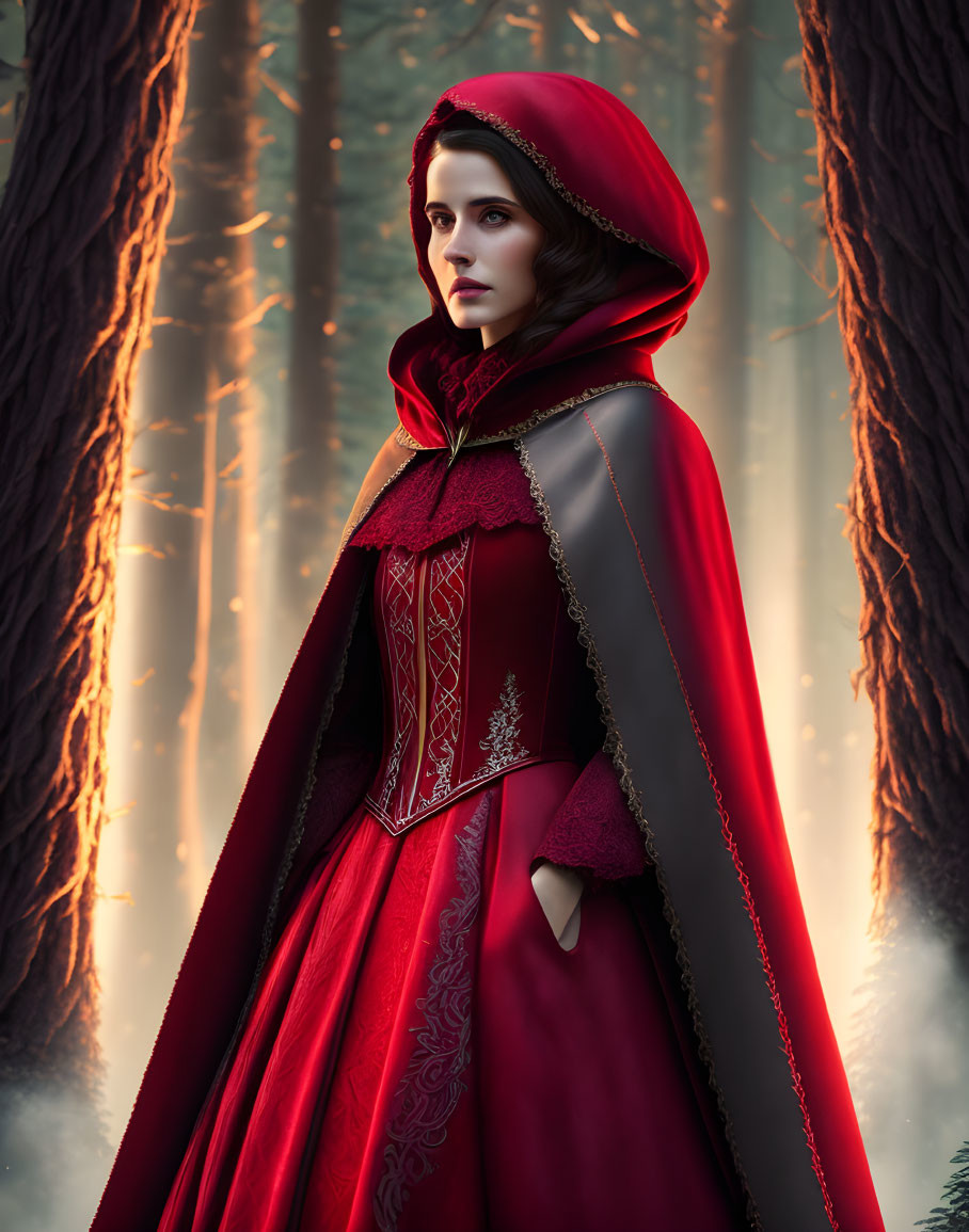 Woman in Red Cloak Standing in Mystical Forest with Intricate Designs