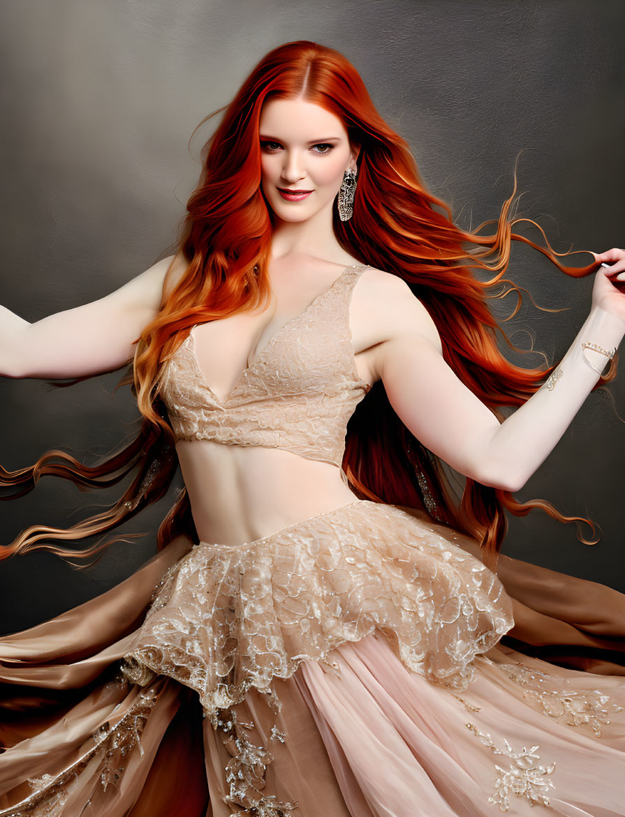 Red-haired woman in beige lace dress with flowing skirt poses gracefully