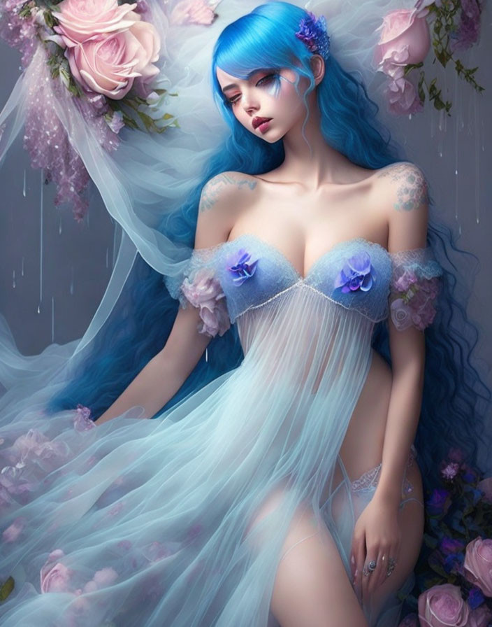 Blue-haired woman in floral dress with tattoos, fantasy theme