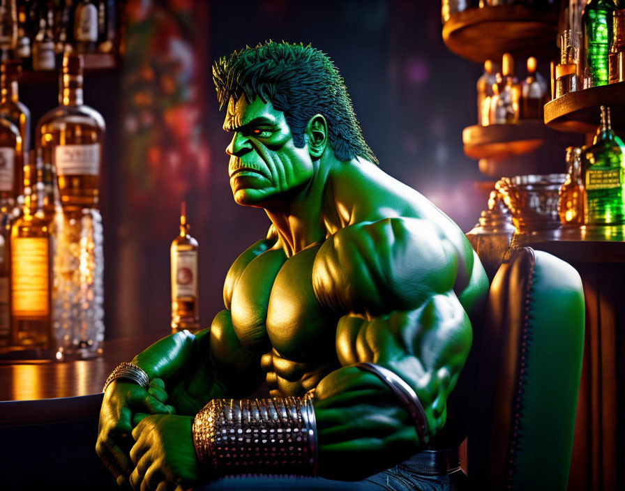 Muscular green-skinned figure broods at bar under dramatic lighting