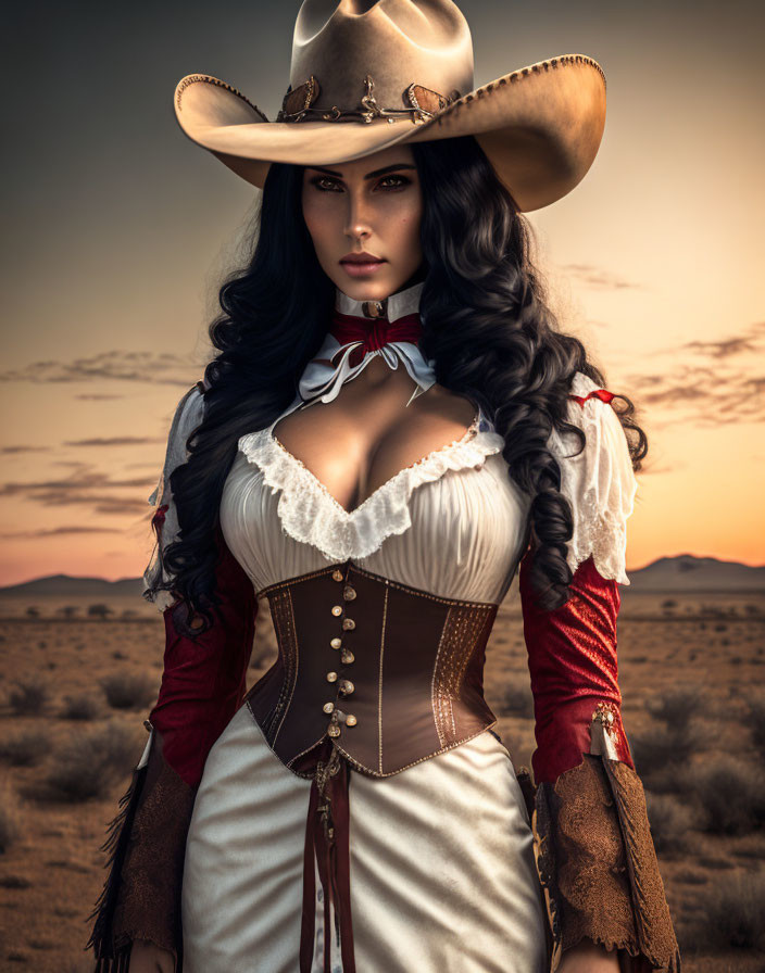 Western-style Outfit with Corset and Broad-brimmed Hat in Desert Landscape