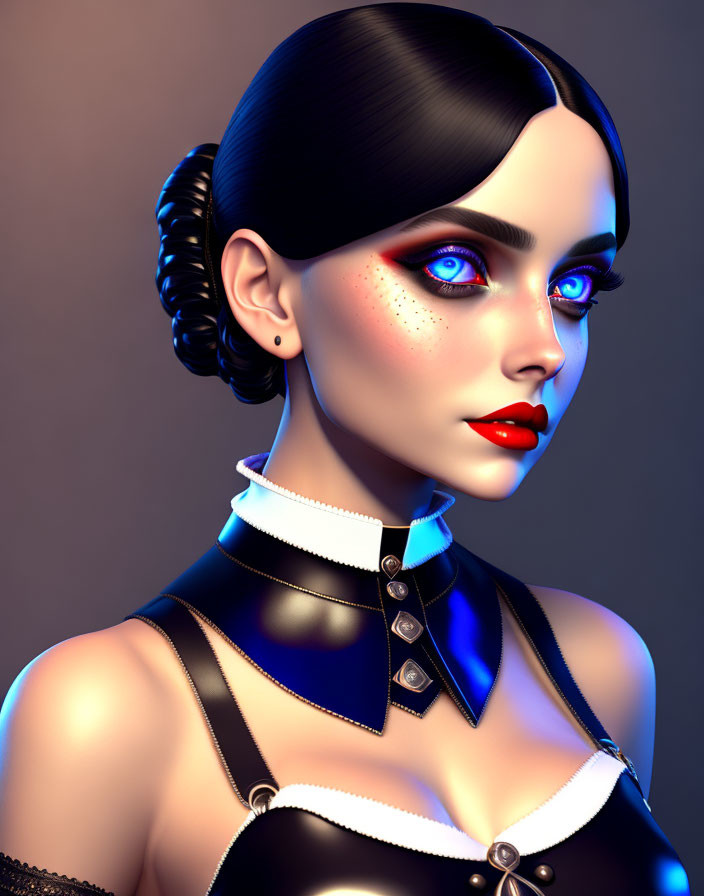 Woman with Striking Blue Eyes and Red Lipstick in Collar and Shiny Outfit