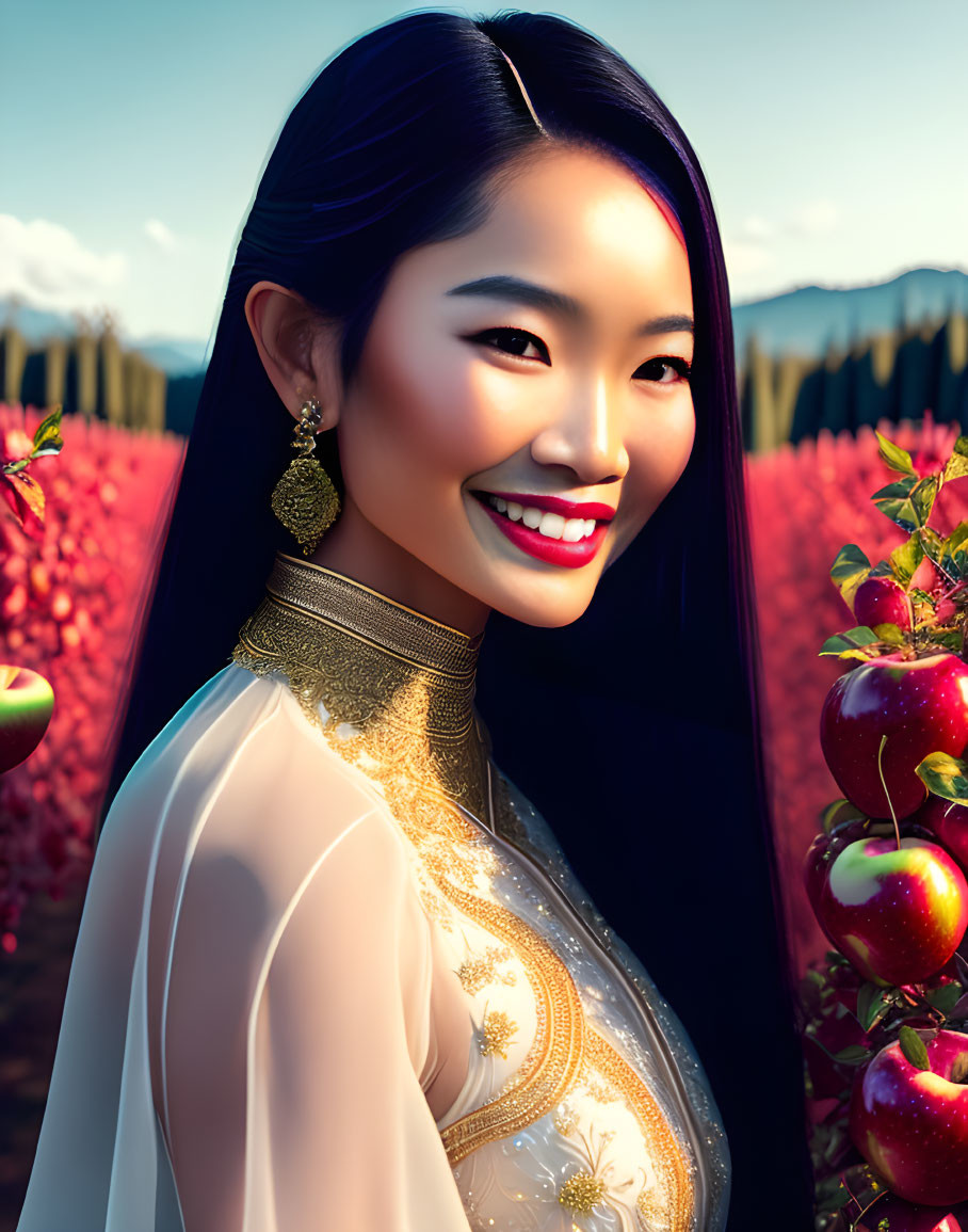 Smiling woman in golden and white attire among red flowers and apple trees