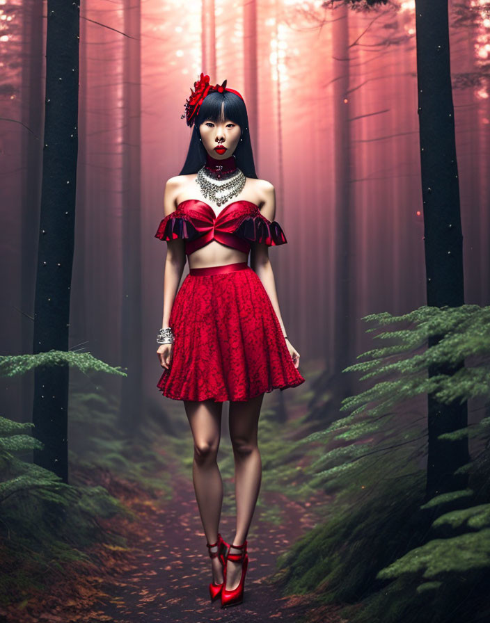 Stylish woman in red dress and heels on misty forest path