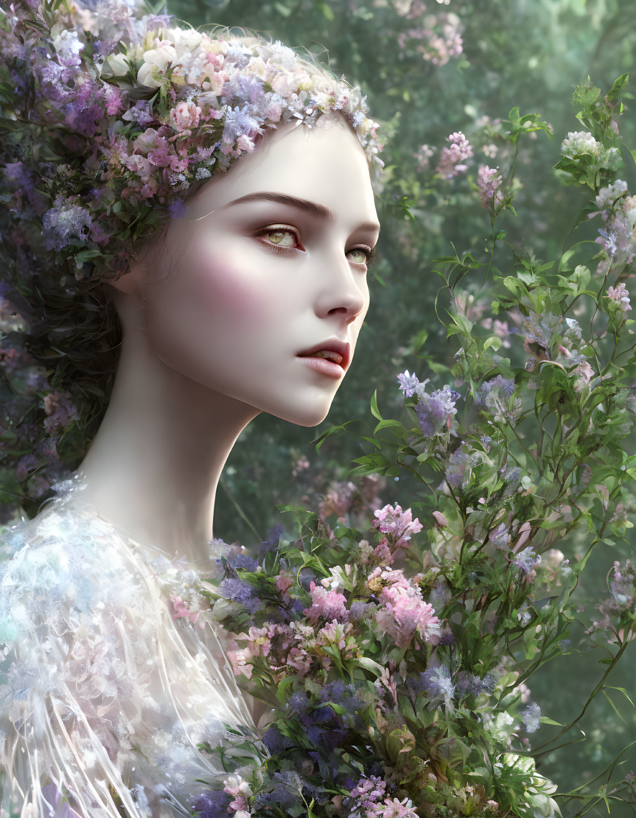 Digital Artwork: Woman with Porcelain Skin Surrounded by Flowers