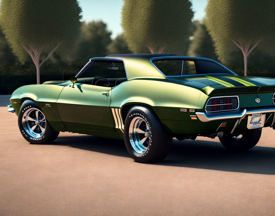 Vintage Green Muscle Car with Black Stripes and Chrome Wheels on Sunny Road