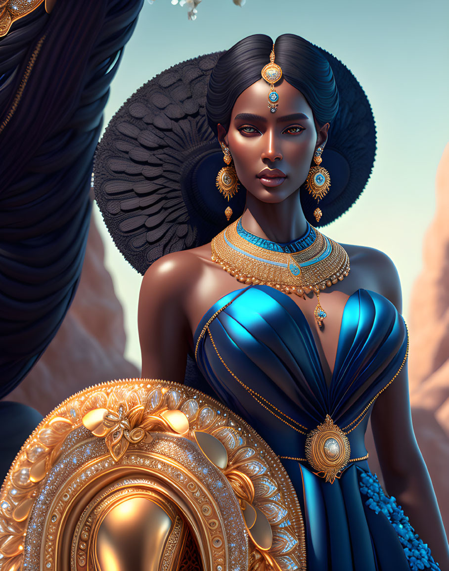 Regal woman in gold and blue attire with shield and jewelry