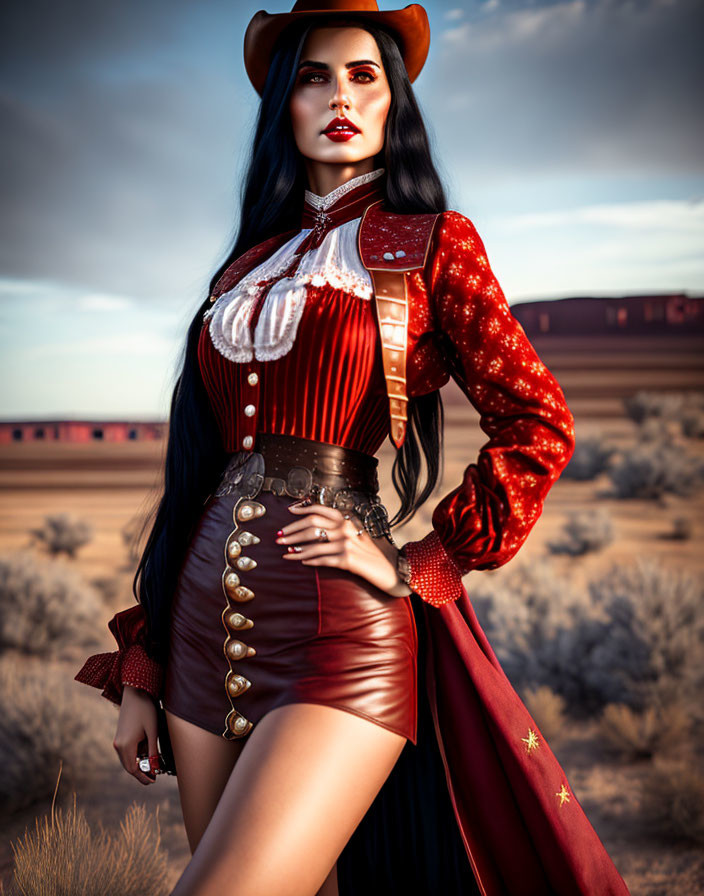 Stylish woman in western outfit poses in desert with train.