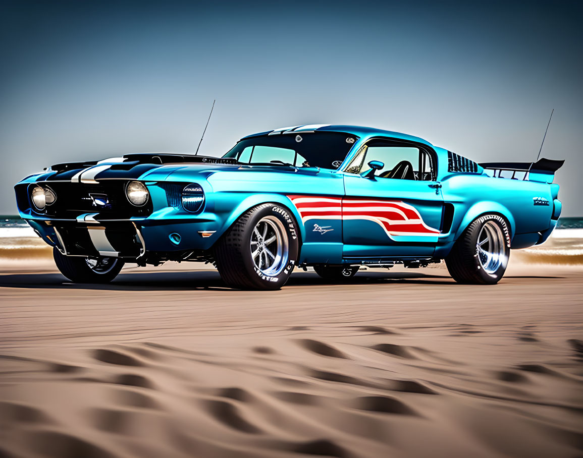 Vintage blue Mustang with racing stripes on sandy terrain