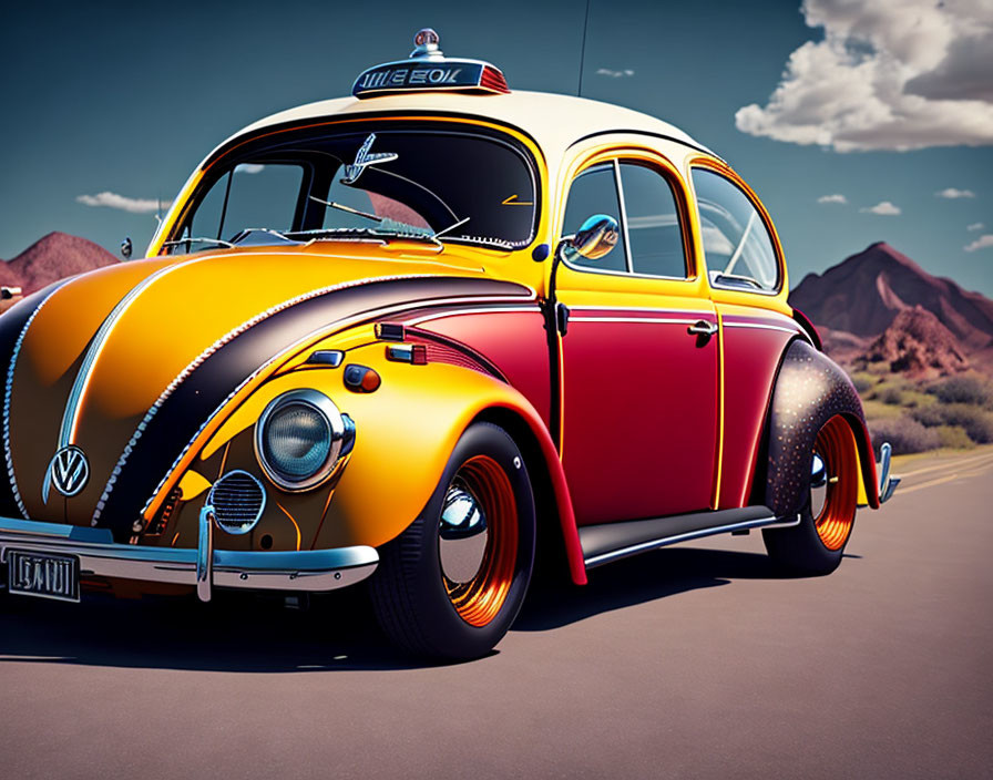 Customized Volkswagen Beetle with two-tone paint job, racing stripes, and chrome details on open road with